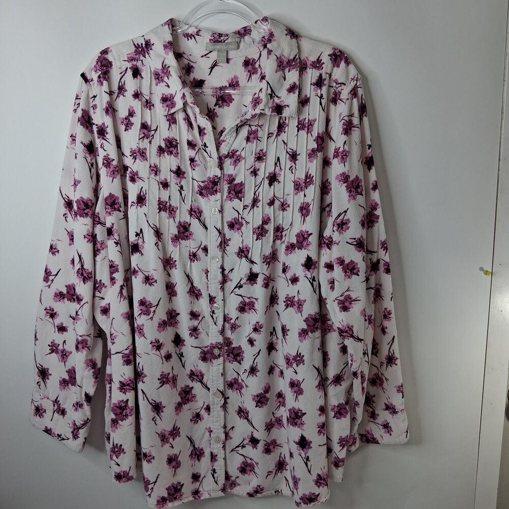 Woman Within Top Women's 2X 26 / 28 Corduroy Pleated‎ Floral Pink Purple